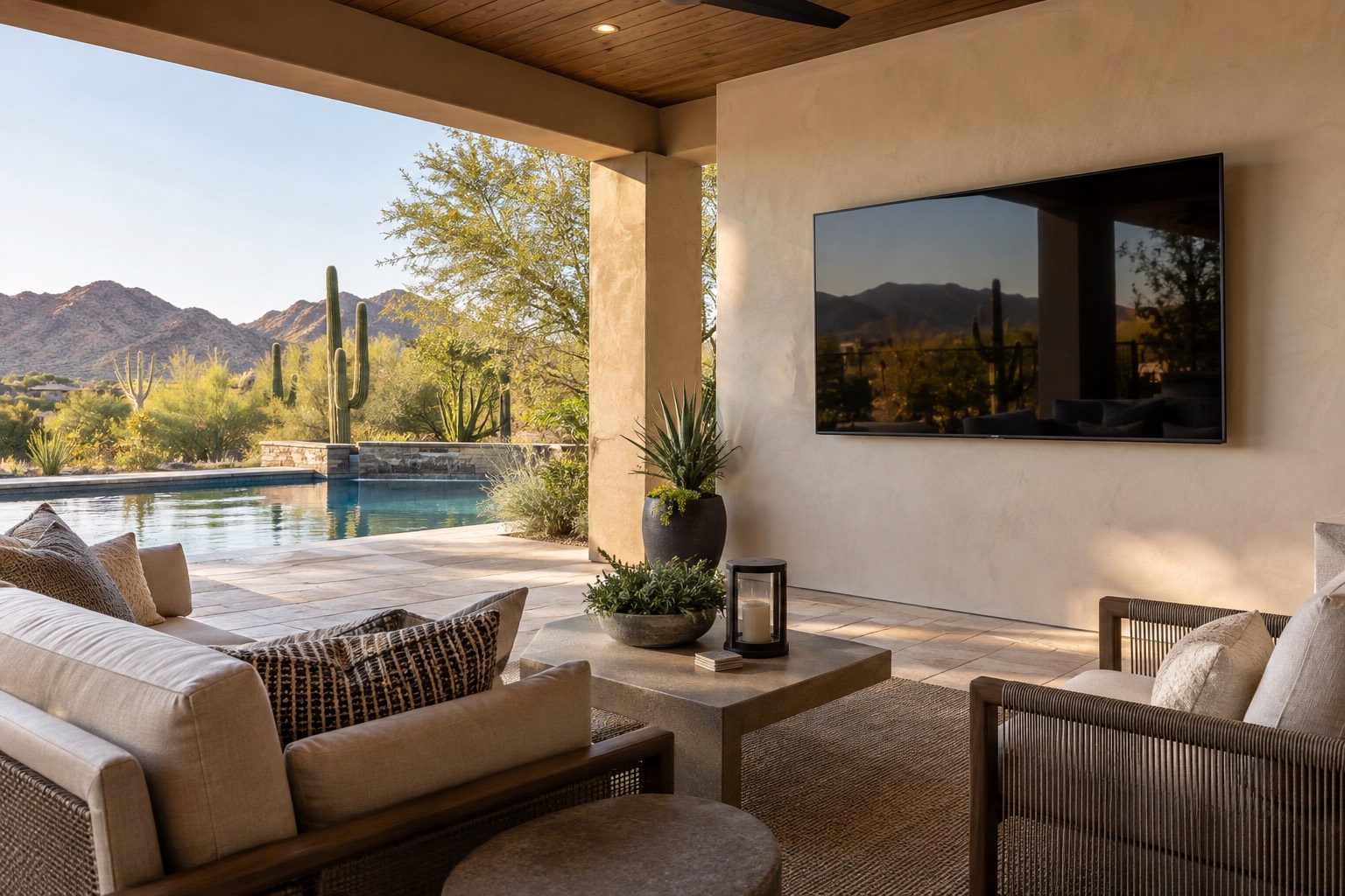 Covered Arizona patio with a professionally mounted outdoor television