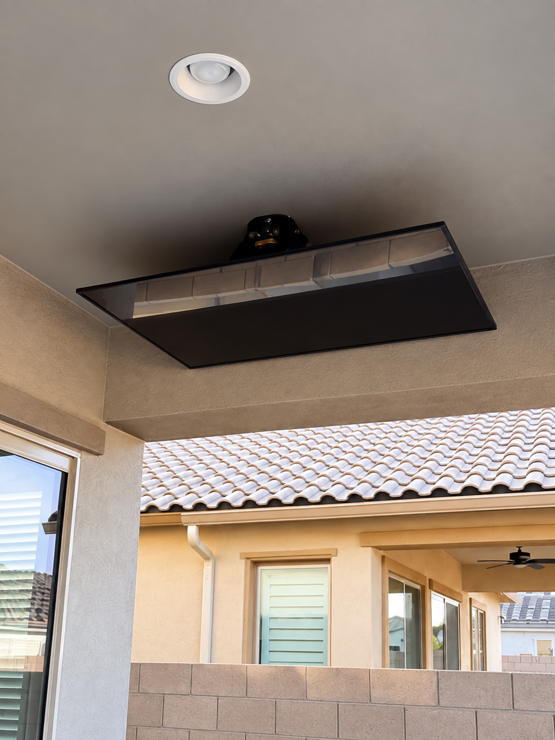 Real VistaMount underside view of a covered patio ceiling TV mount
