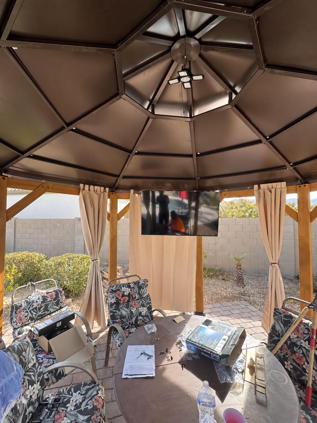 Real VistaMount outdoor TV installation inside a covered Phoenix gazebo