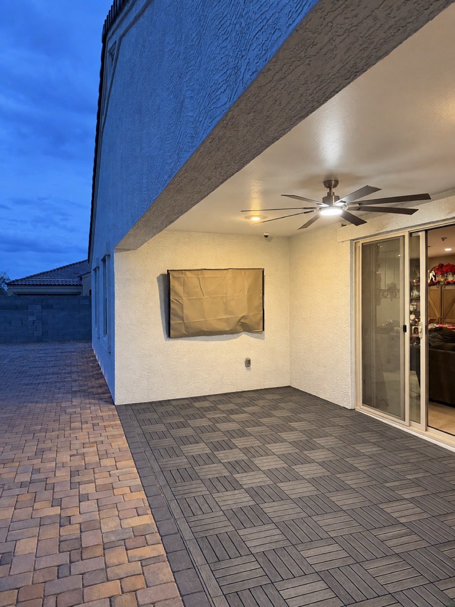 Real VistaMount Phoenix covered patio before an outdoor TV installation, with the new electrical outlet visible